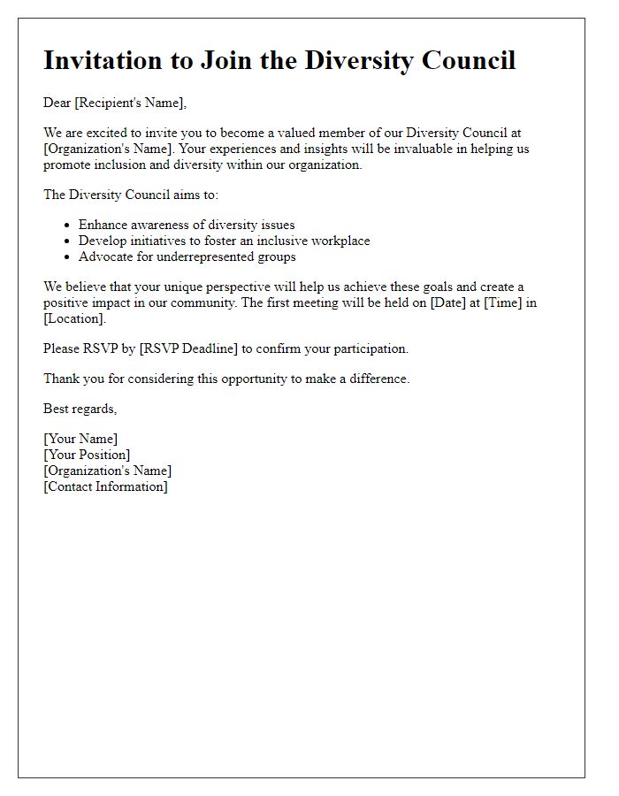 Letter template of invitation to join the diversity council