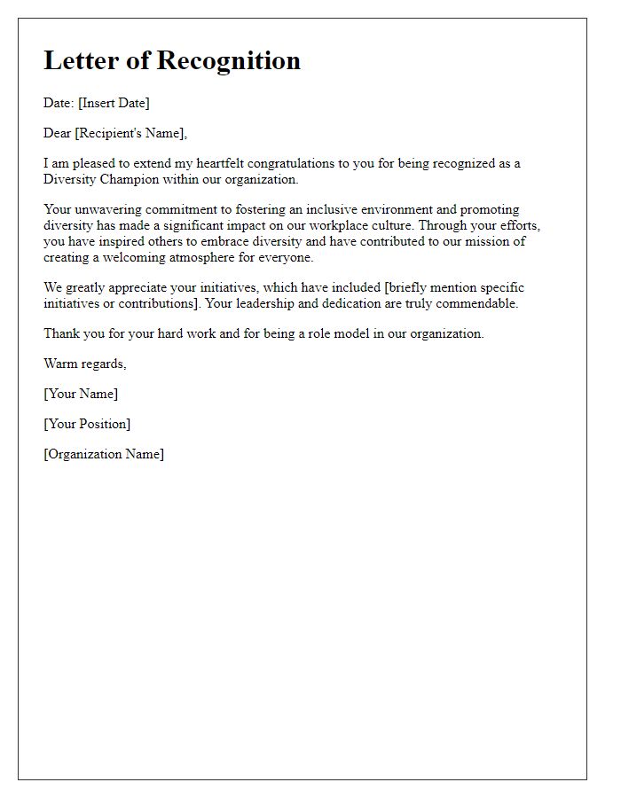 Letter template of recognition for diversity champions in the organization