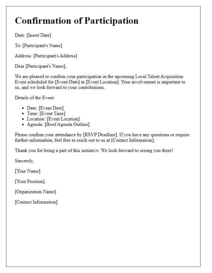 Letter template of confirmation for local talent acquisition events