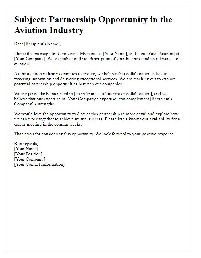 Letter template of outreach for new aviation business partnerships