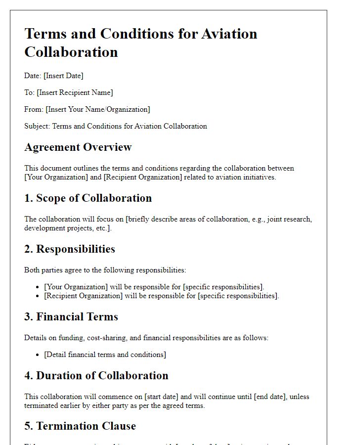 Letter template of terms and conditions for aviation collaboration