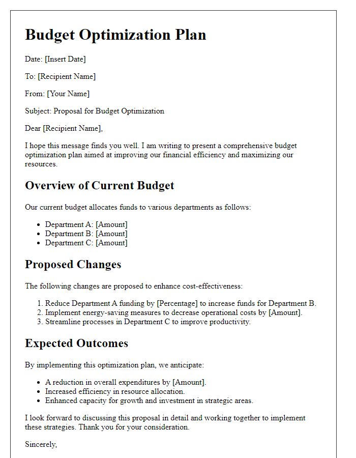 Letter template of budget optimization plan.