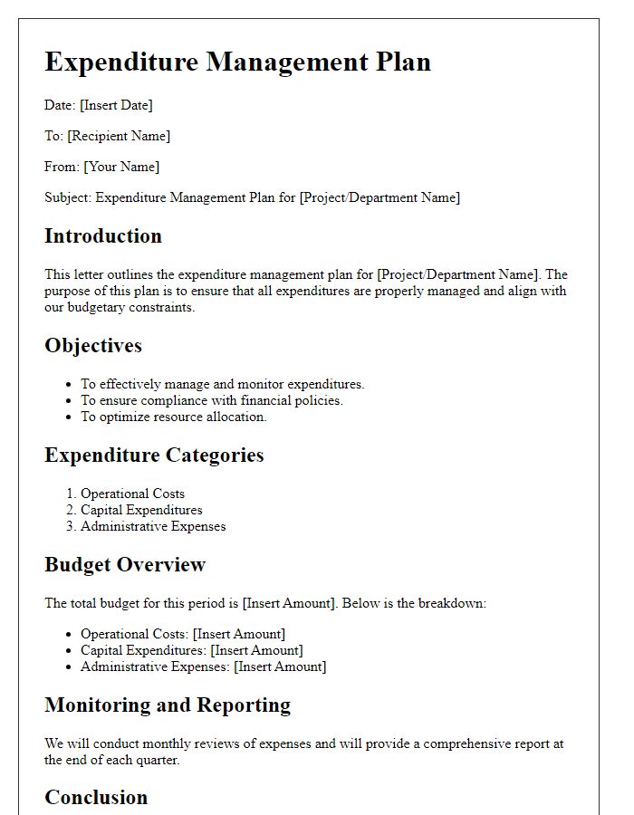 Letter template of expenditure management plan.