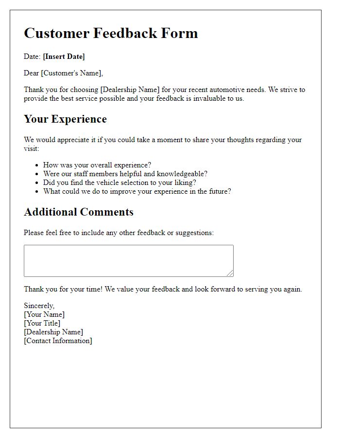 Letter template of automotive dealership customer feedback