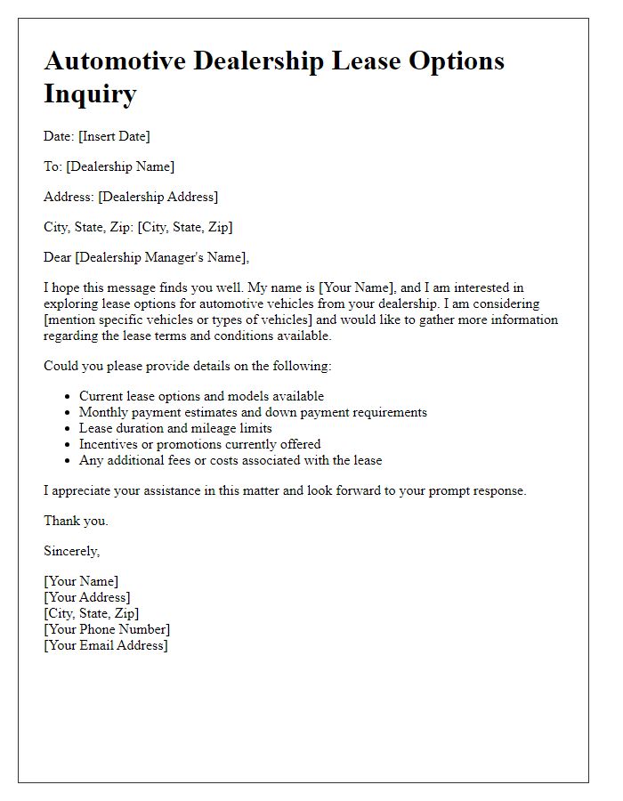 Letter template of automotive dealership lease options inquiry