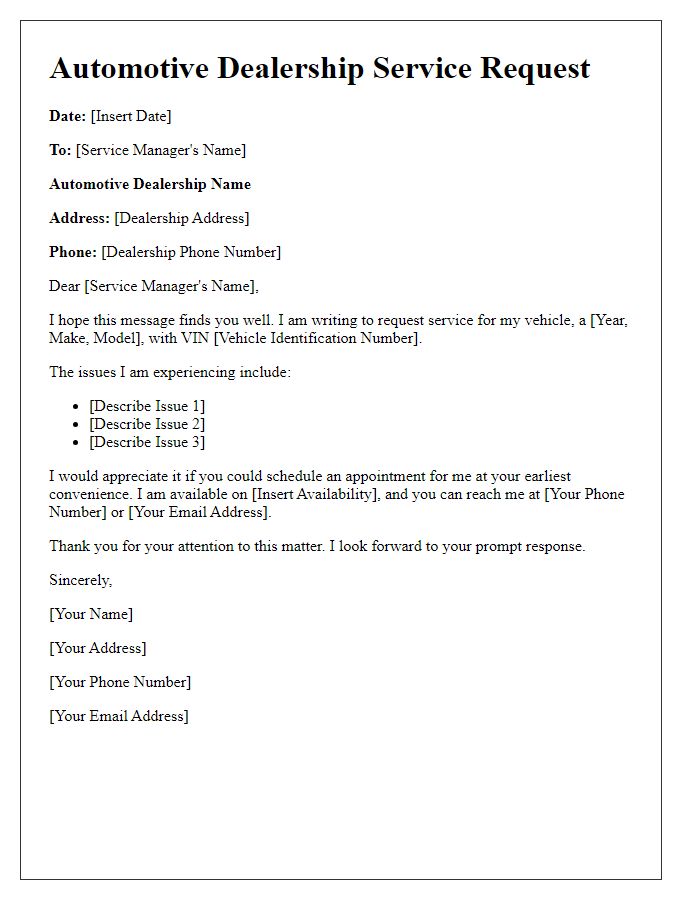 Letter template of automotive dealership service request