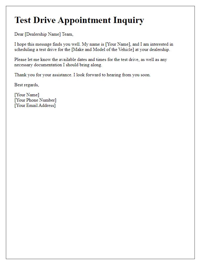 Letter template of automotive dealership test drive appointment inquiry