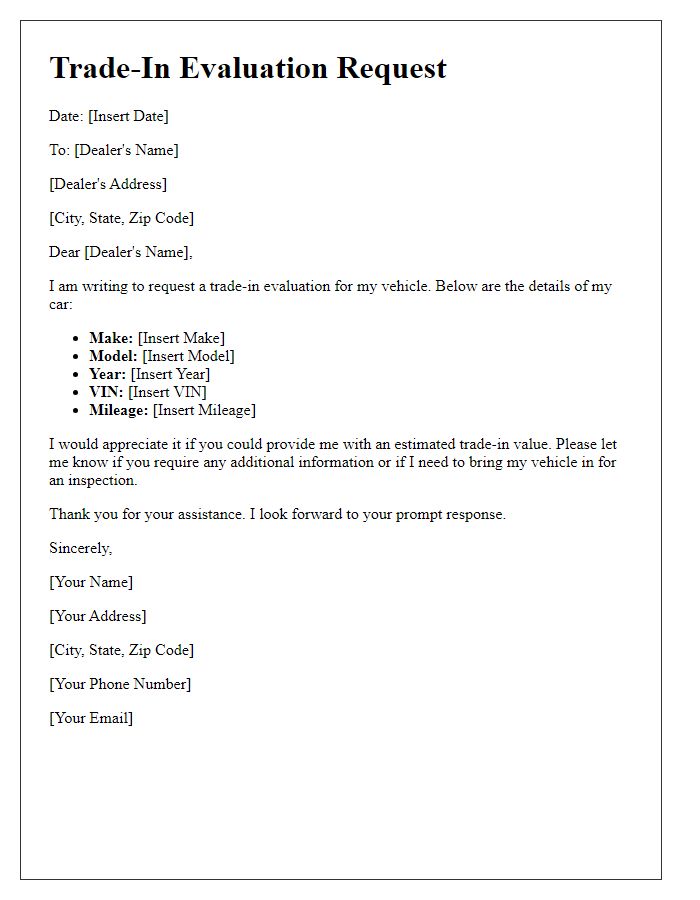 Letter template of automotive dealership trade-in evaluation request
