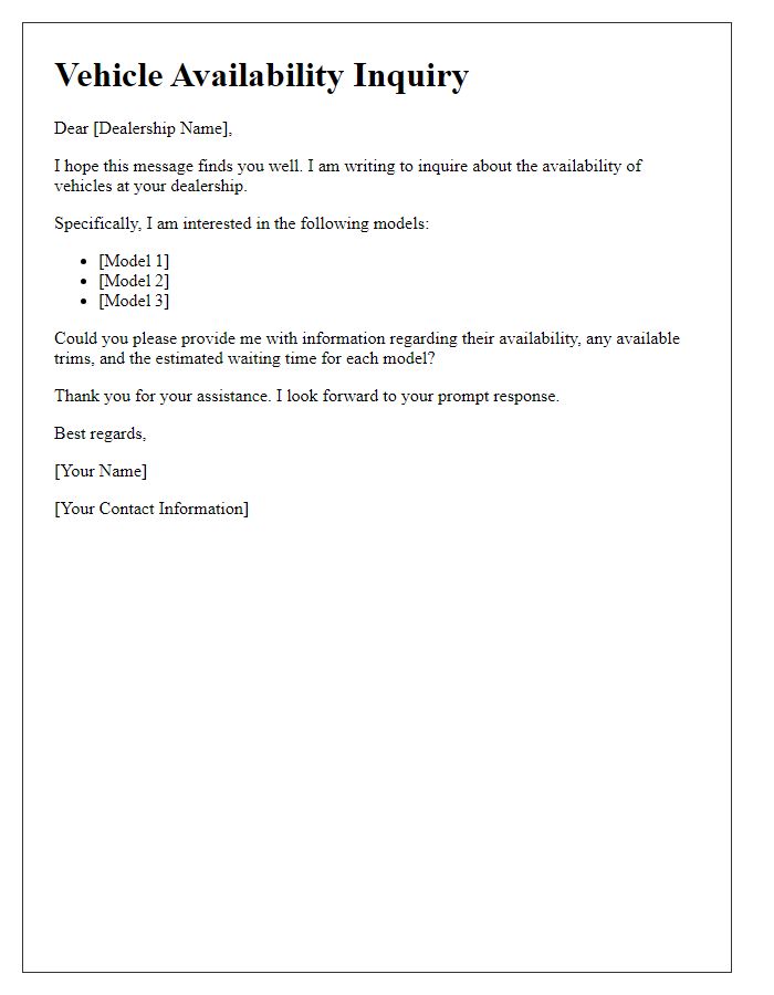 Letter template of automotive dealership vehicle availability question