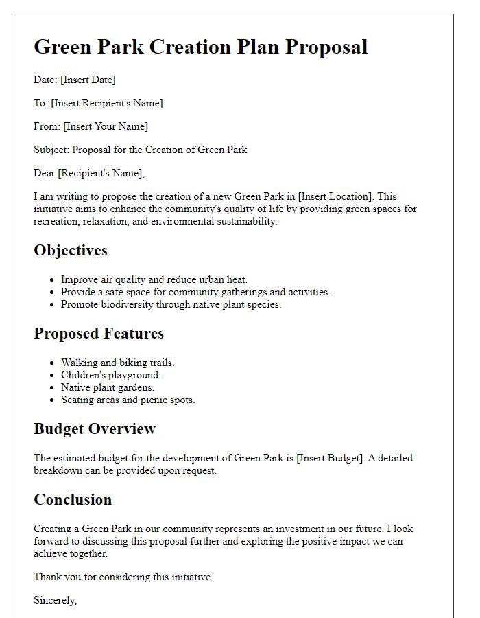 Letter template of green park creation plan