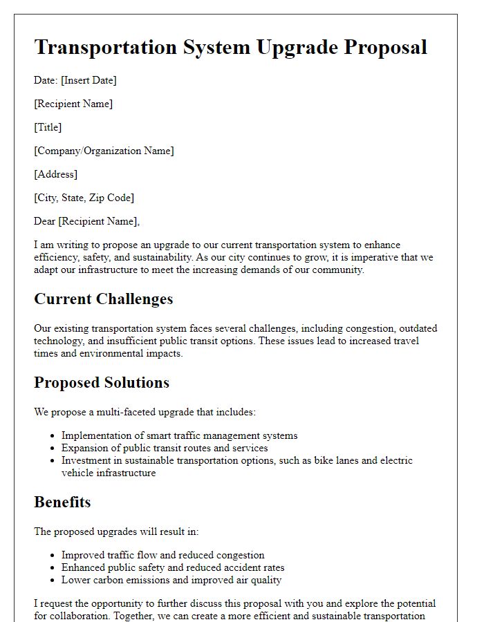 Letter template of transportation system upgrade proposal