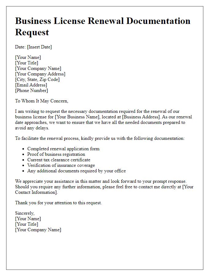 Letter template of documentation needed for business license renewal