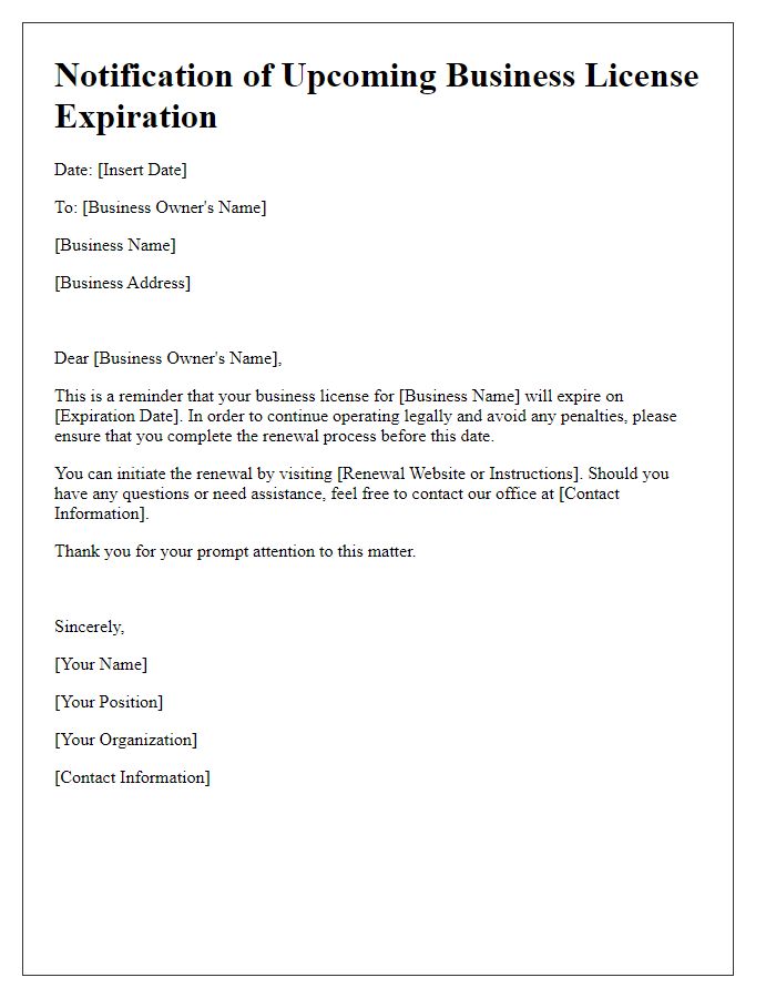 Letter template of notification for upcoming business license expiration