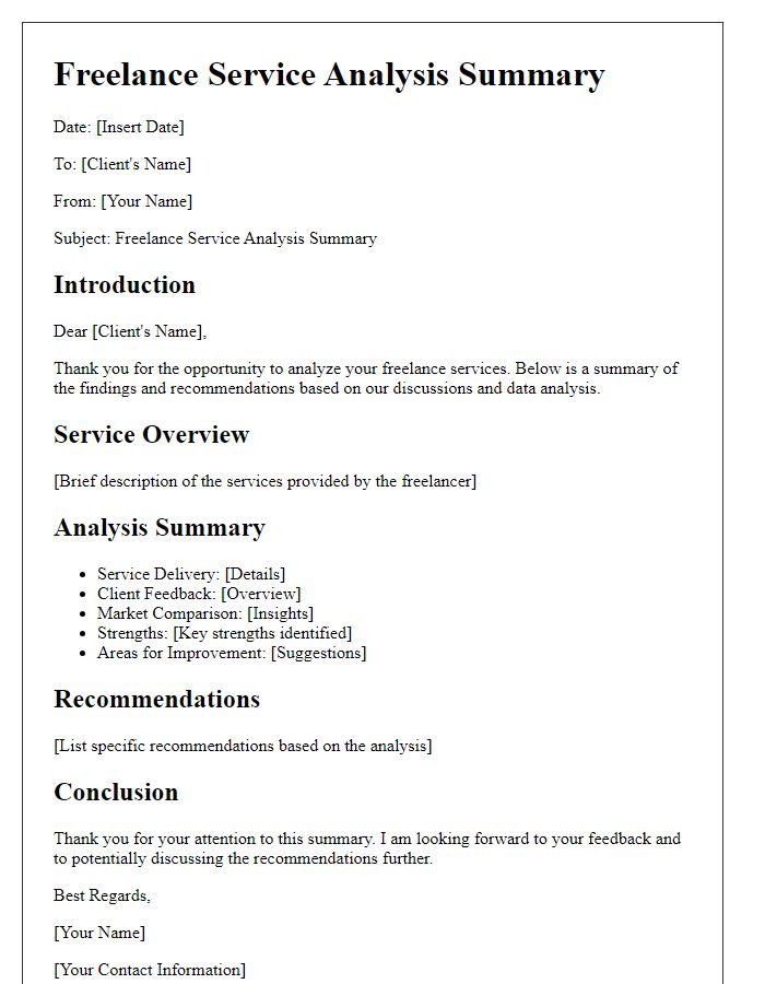 Letter template of freelance service analysis summary