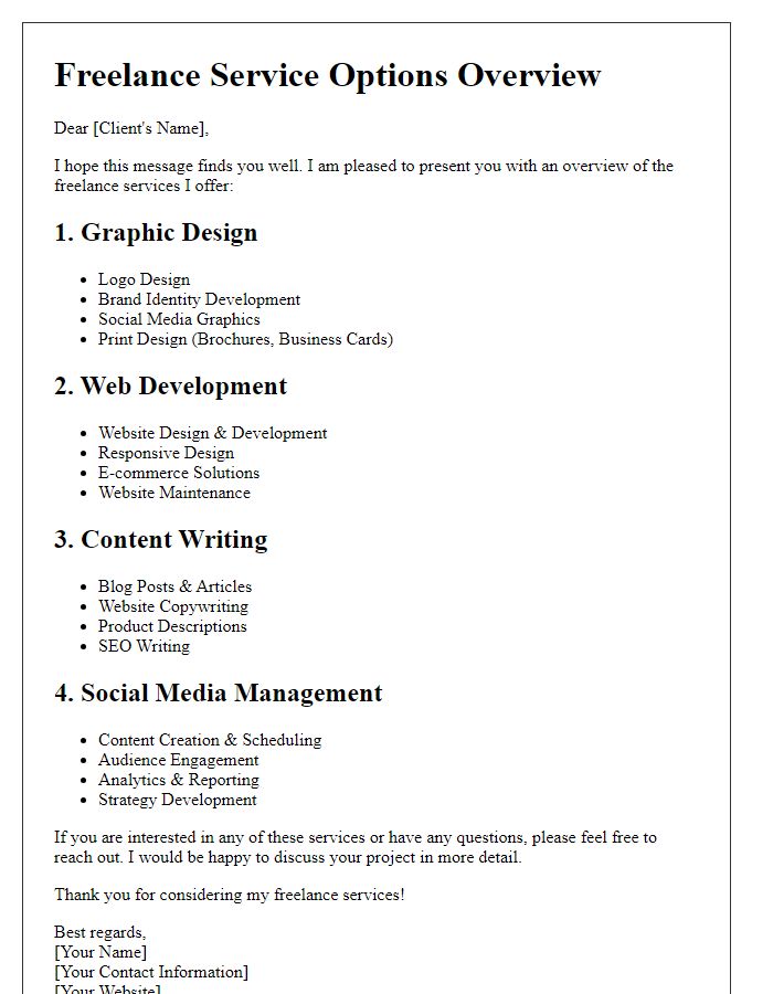 Letter template of freelance service options overview