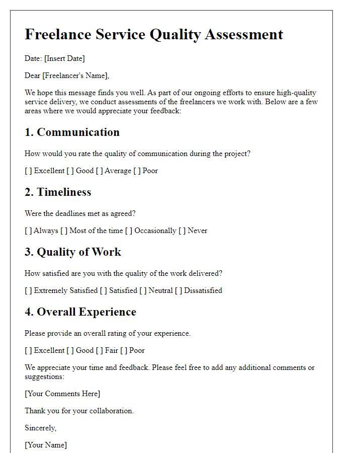 Letter template of freelance service quality assessment