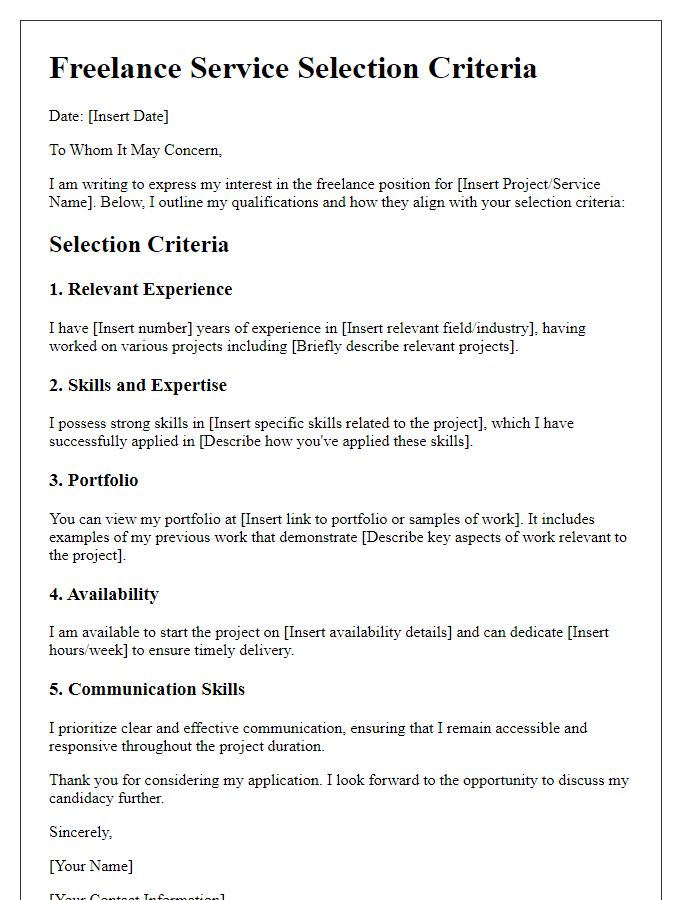 Letter template of freelance service selection criteria