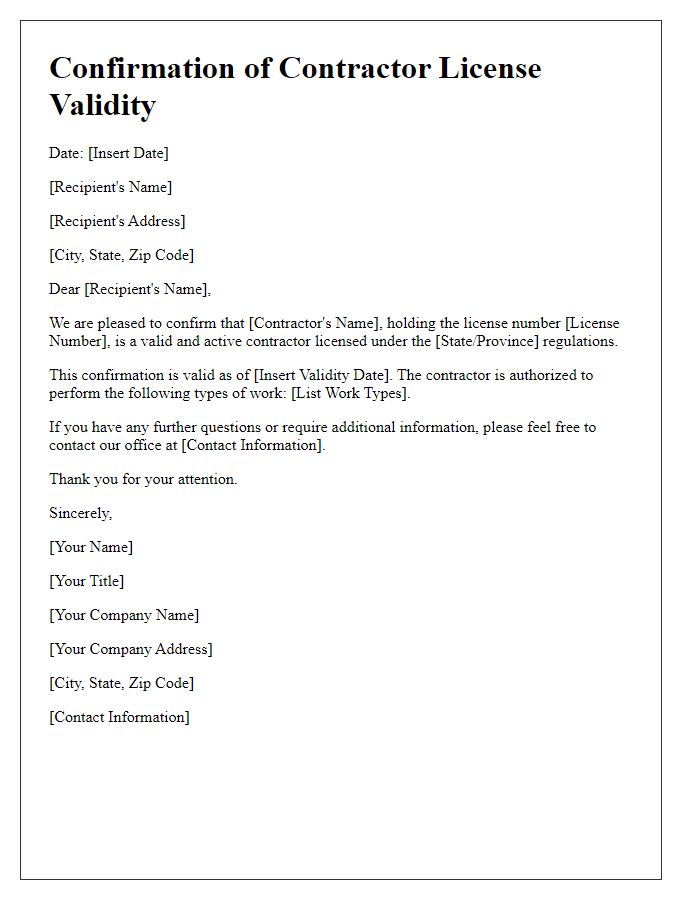 Letter template of confirmation of contractor license validity.