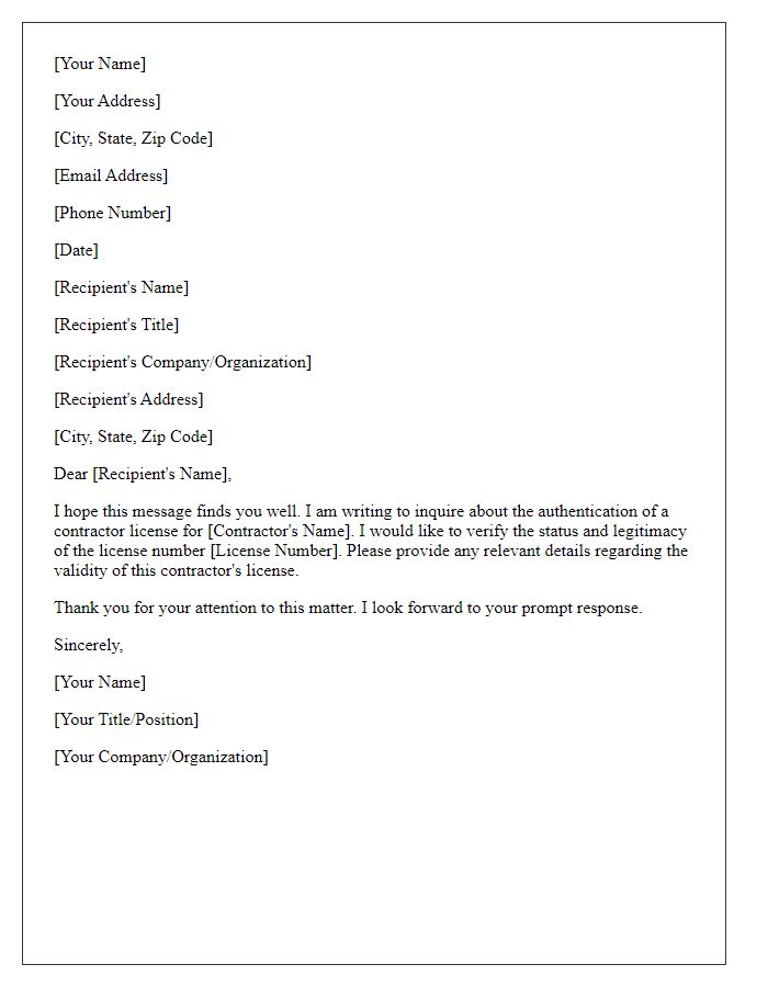 Letter template of contractor license authentication inquiry.