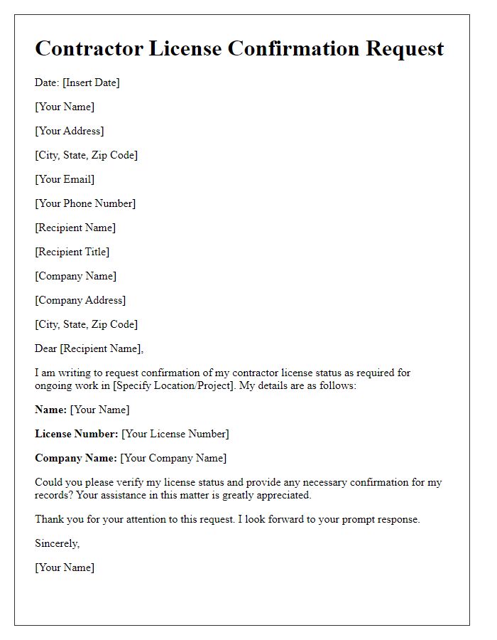 Letter template of contractor license confirmation request.