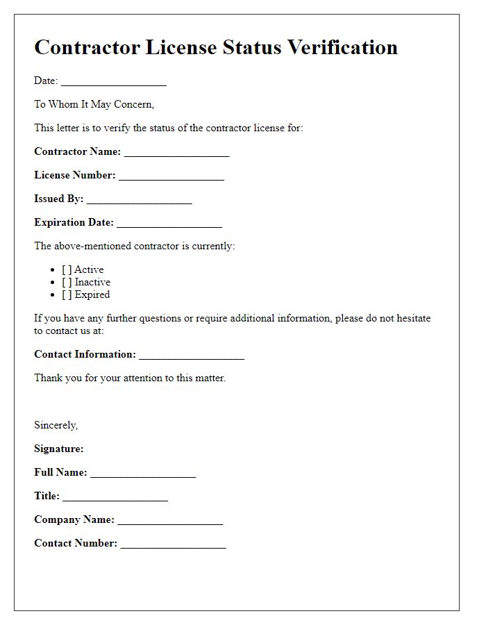 Letter template of contractor license status verification letter.