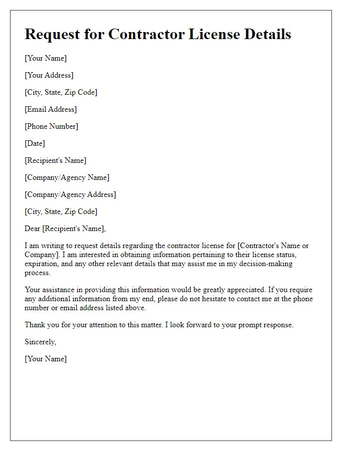 Letter template of request for contractor license details.