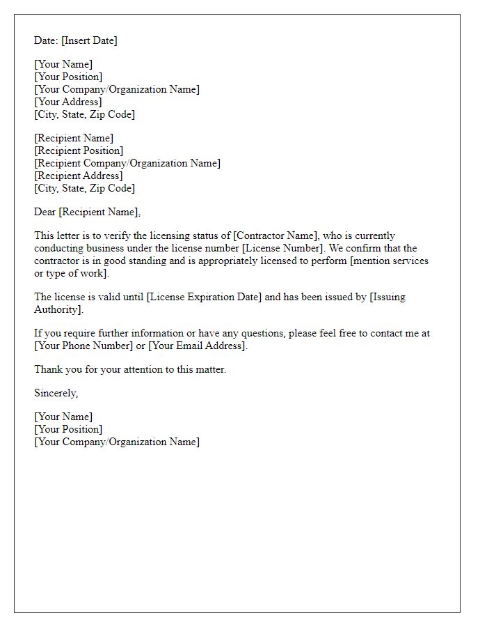 Letter template of verification for contractor licensing status.