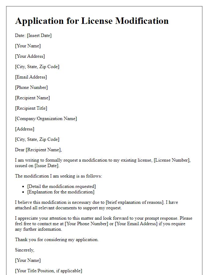 Letter template of application for license modification.