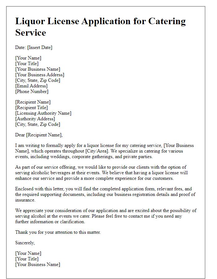 Letter template of liquor license application for a catering service