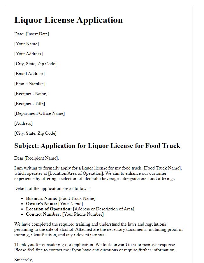 Letter template of liquor license application for a food truck