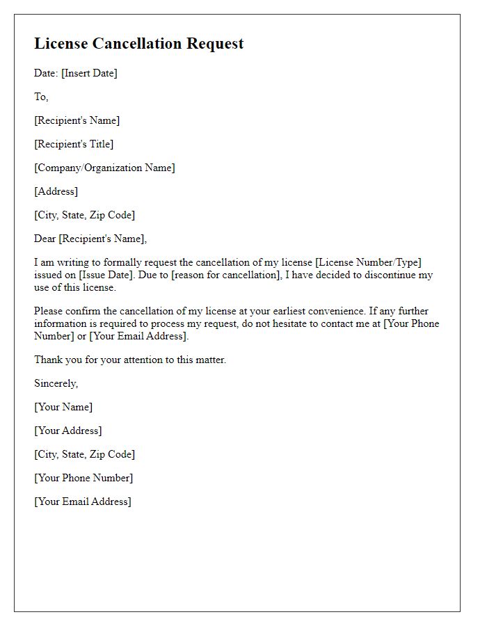 Letter template of formal license cancellation request
