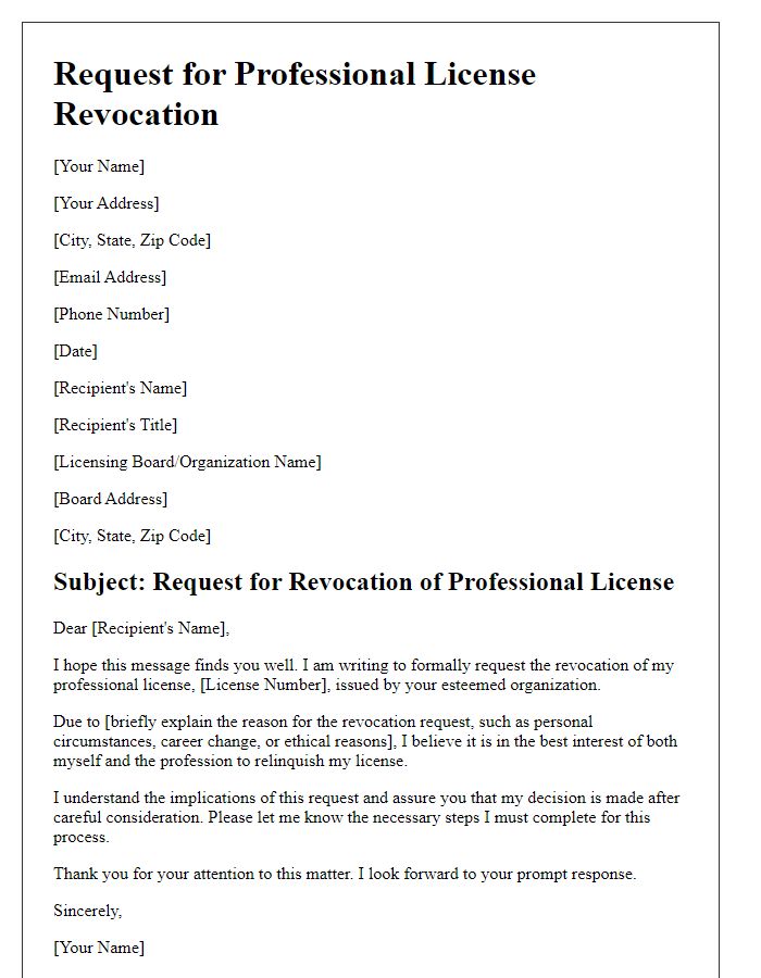 Letter template of professional license revocation request