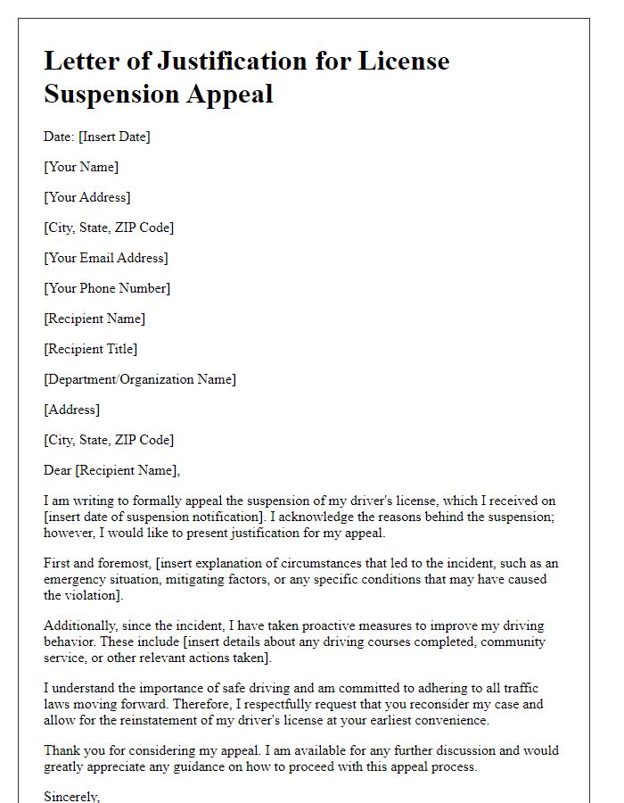 Letter template of justification for license suspension appeal