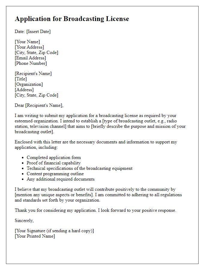 Letter template of Application Submission for Broadcasting License