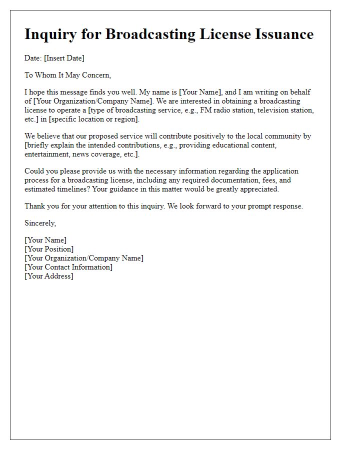 Letter template of inquiry for broadcasting license issuance