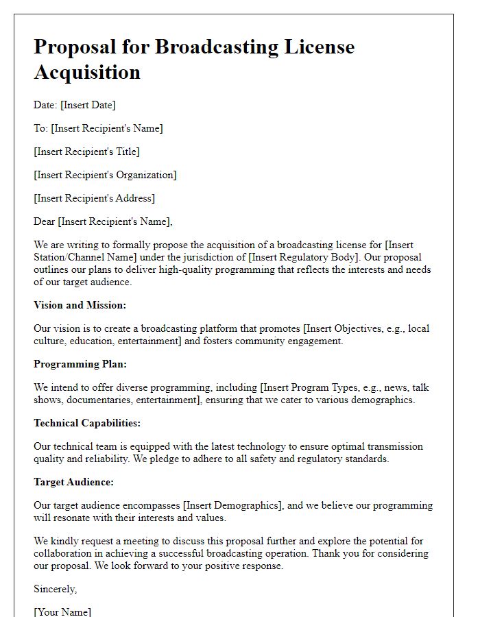 Letter template of Proposal for Broadcasting License Acquisition