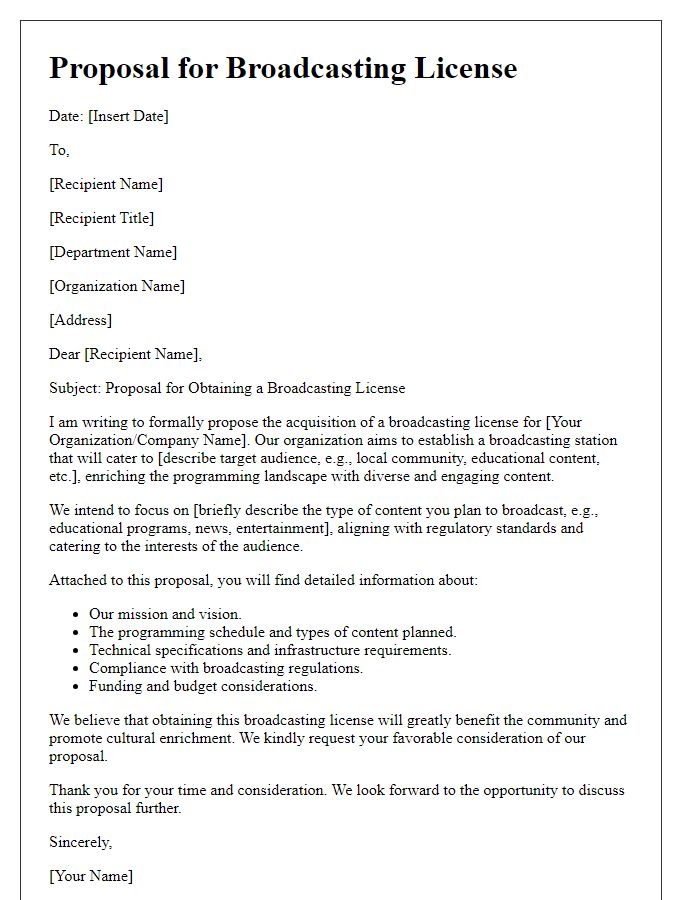 Letter template of proposal for obtaining a broadcasting license