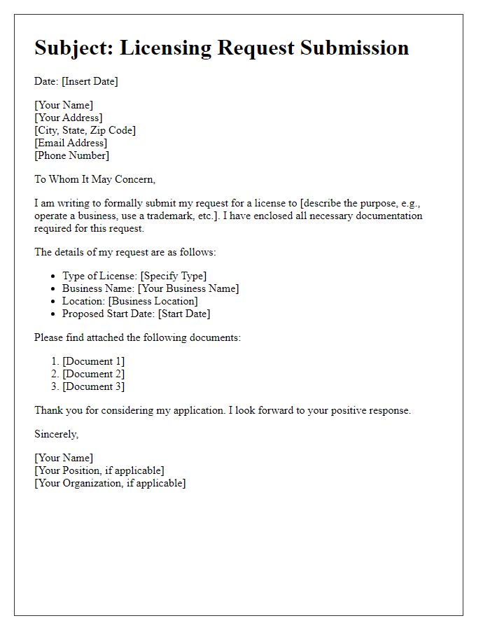 Letter template of submission for licensing request