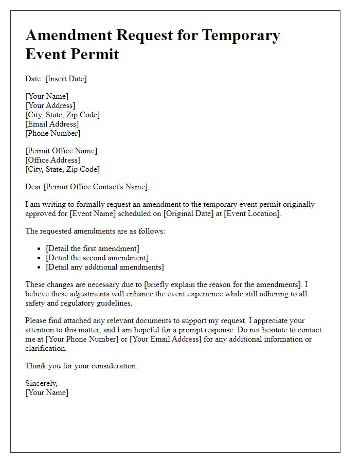 Letter template of amendment request for temporary event permit