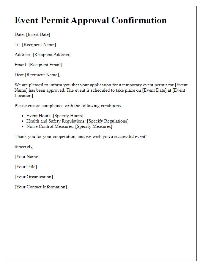 Letter template of confirmation for temporary event permit approval