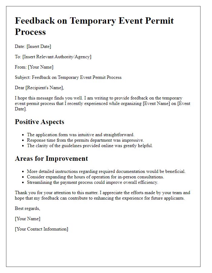 Letter template of feedback on temporary event permit process