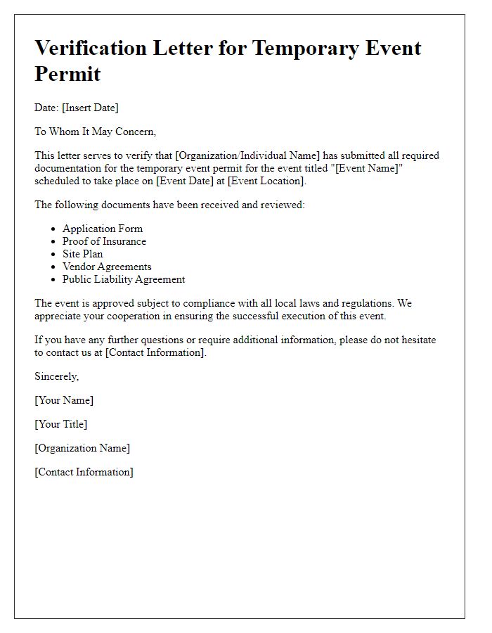 Letter template of verification for temporary event permit documents