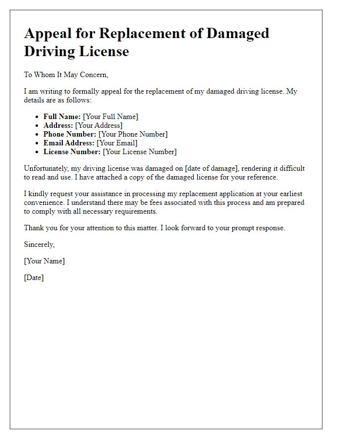 Letter template of appeal for damaged driving license replacement