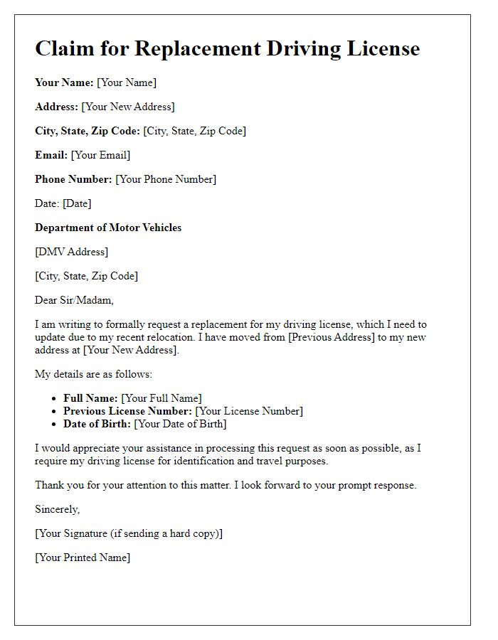 Letter template of claim for driving license replacement due to relocation