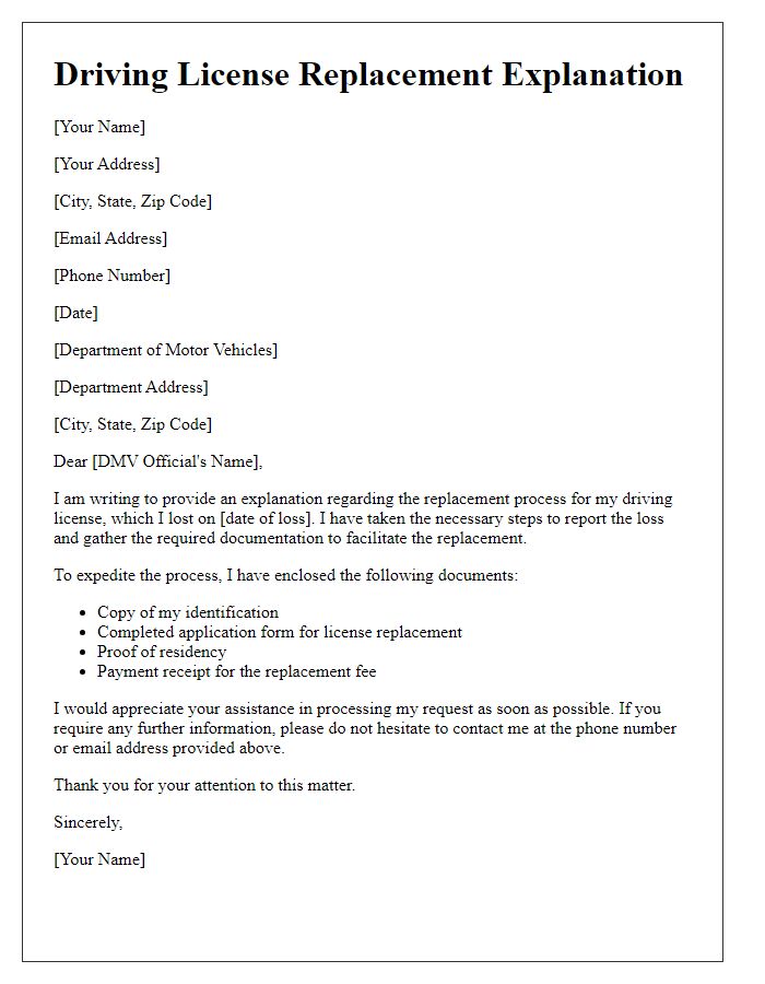 Letter template of explanation for driving license replacement process