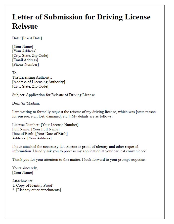 Letter template of submission for driving license reissue