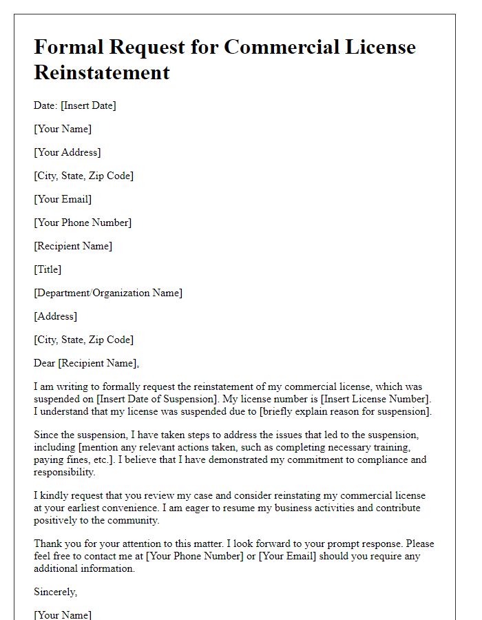 Letter template of formal request for commercial license reinstatement