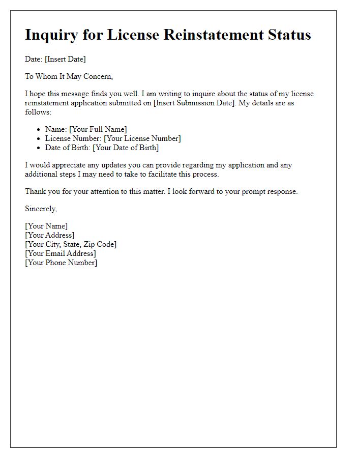 Letter template of inquiry for license reinstatement status