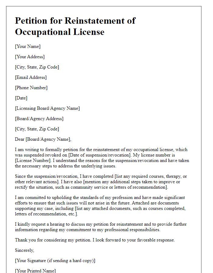 Letter template of petition for reinstatement of occupational license