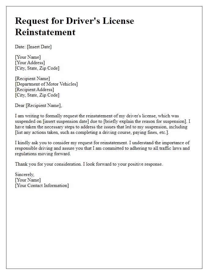 Letter template of request for drivers license reinstatement